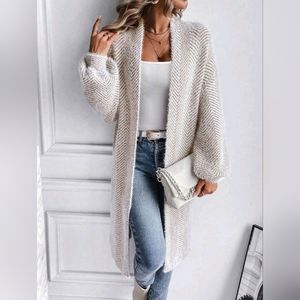 New Chic Fluffy Chevron Knit Cardigan Sweater Duster Off White Tan